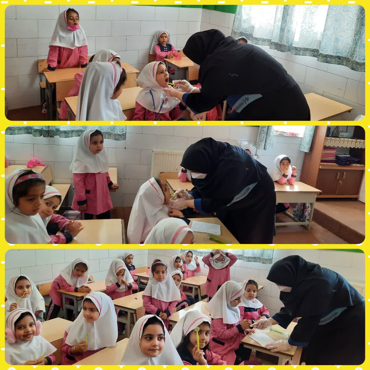 معاینه دندان دانش آموزان با حضور کارشناس مرکز بهداشت